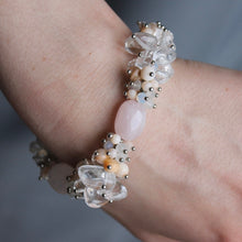 Load image into Gallery viewer, Pink, cream, and clear Quartz stone bracelet with silver accents and clasp