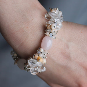 Pink, cream, and clear Quartz stone bracelet with silver accents and clasp