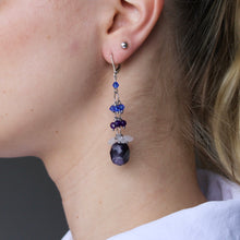 Load image into Gallery viewer, Purple Amethyst dangling earrings with silver hooks.