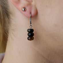 Load image into Gallery viewer, Brown Tiger&#39;s Eye triple stone dangling earrings with silver clasp.