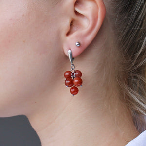 Carnelian earrings with brownish-red stones and silver hooks. 