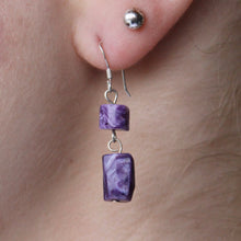 Load image into Gallery viewer, Purple Charoite dangling earrings with genuine silver hooks.