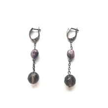 Load image into Gallery viewer, Purple Charoite and Topaz dangling earrings with silver clasps.