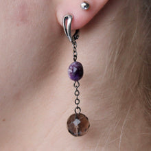 Load image into Gallery viewer, Purple Charoite and Topaz dangling earrings with silver clasps.