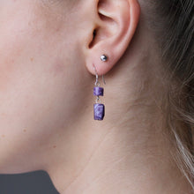 Load image into Gallery viewer, Purple Charoite dangling earrings with genuine silver hooks.