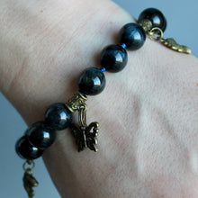 Load image into Gallery viewer, Falcon&#39;s Eye stone bracelet with gold charms and clasp