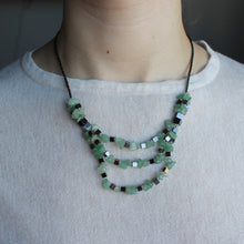 Load image into Gallery viewer, Hematite and green Agate stone necklace with three layers.