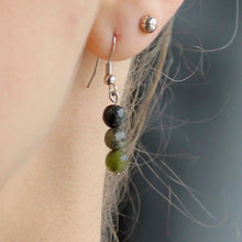 Load image into Gallery viewer, Jade triple stone orb dangling earrings with silver hooks.