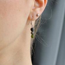 Load image into Gallery viewer, Jade triple stone orb dangling earrings with silver hooks.