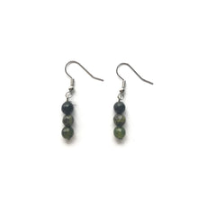 Load image into Gallery viewer, Jade triple stone orb dangling earrings with silver hooks.