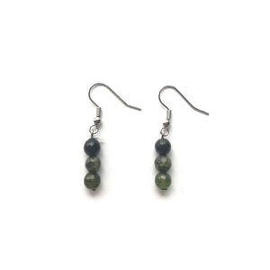 Jade triple stone orb dangling earrings with silver hooks.