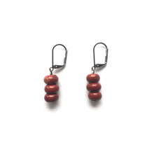 Load image into Gallery viewer, Three brownish-red Jasper stones on silver clasp dangle earrings.