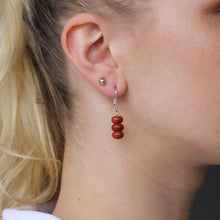 Load image into Gallery viewer, Three brownish-red Jasper stones on silver clasp dangle earrings.