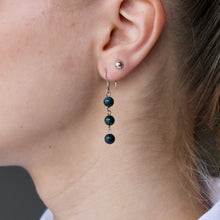 Load image into Gallery viewer, Blue Larimar triple stone dangling earrings with genuine silver hooks.