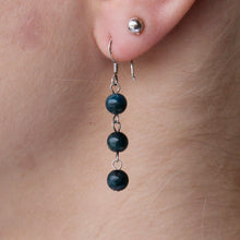 Load image into Gallery viewer, Blue Larimar triple stone dangling earrings with genuine silver hooks.