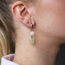 Load image into Gallery viewer, Light green Prehnite stone dangle earrings with white rose ornaments and silver clasps.