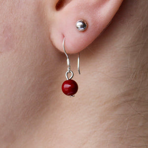 Red Coral orb earrings with genuine silver hooks.