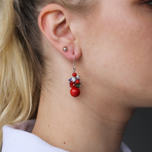 Load image into Gallery viewer, Coral &quot;Vyshyvanka&quot; dangle earrings with blue, white, and green stones and genuine silver hooks.