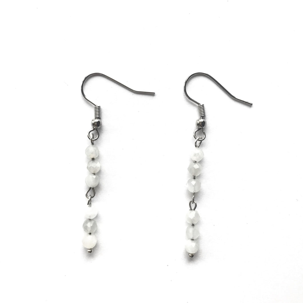 White Moonstone dangling earrings silver hooks.